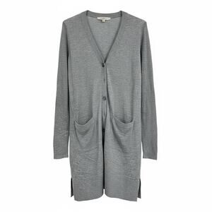 LOFT Women’s Gray Longline Cardigan Size Small Button Front Pockets